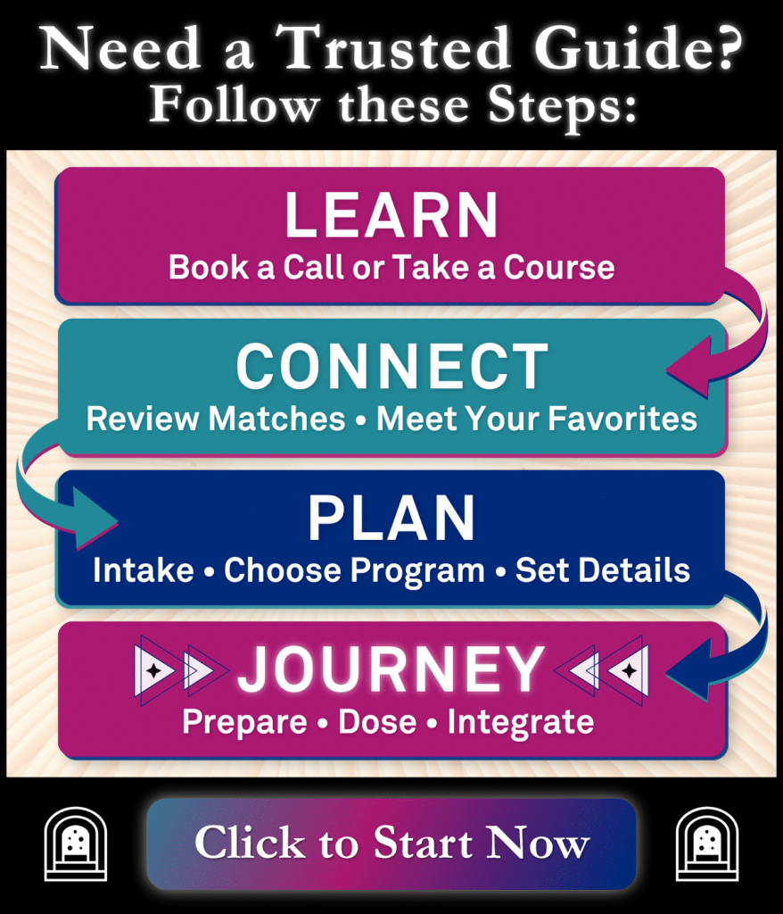 Infographic outline of the Psychedelic Passage Match Making process: Learn, Connect, Plan, and Journey. Click to start now.